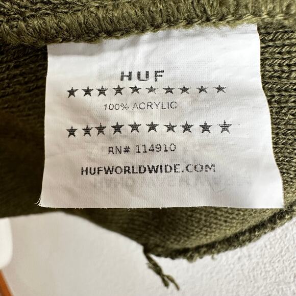 HUF Beanie Hat Men's Black Logo Patch Skate Board Box Cuffed Cap Street in Pesto - Picture 5 of 6